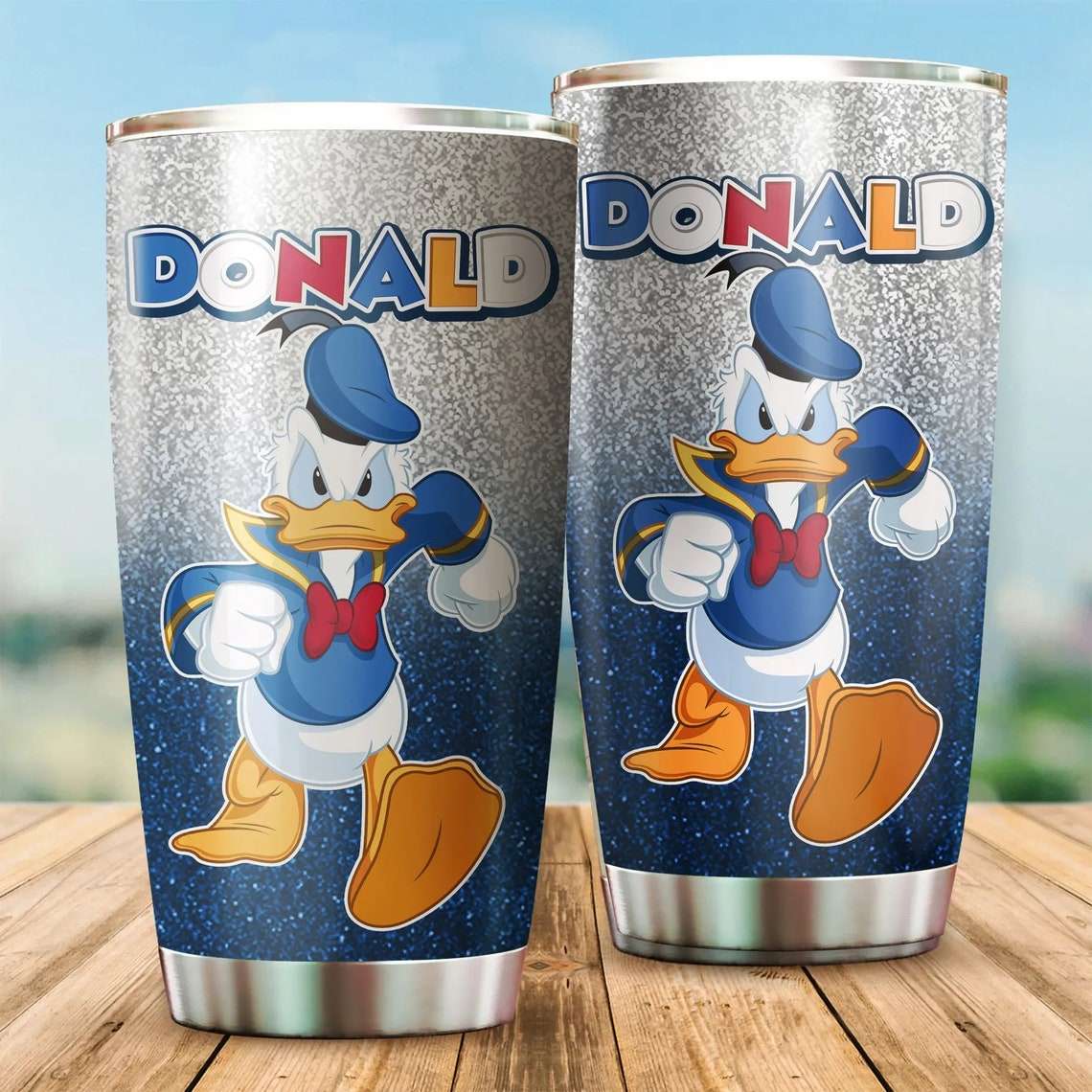 Cartoon Movie Donald Duck Blue Glitter Stainless Steel Tumbler For Disney Fan Heopjn