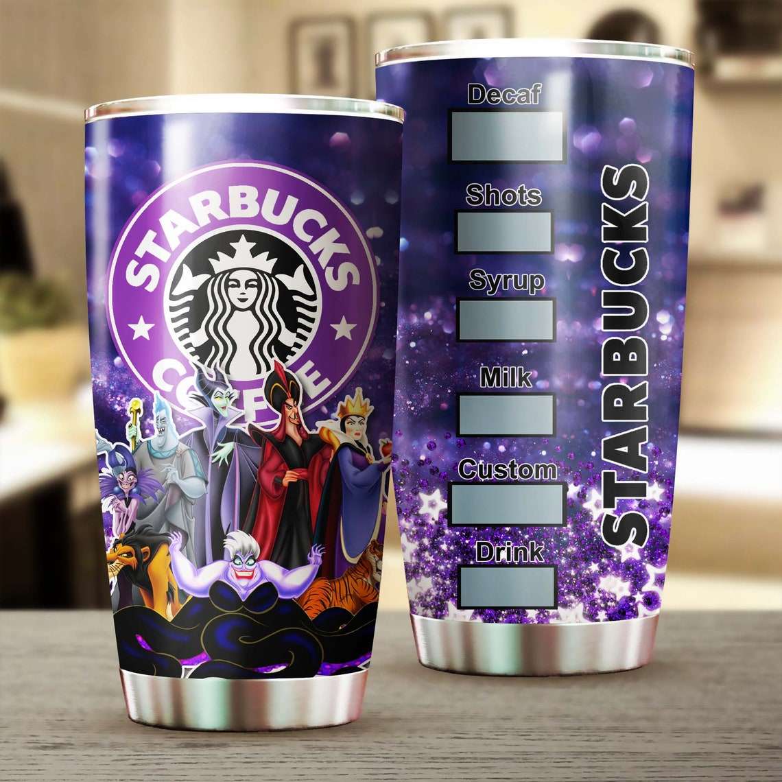 Cartoon Movie Glitter Purple Villains Starbucks Stainless Steel Tumbler For  Disney Fan –