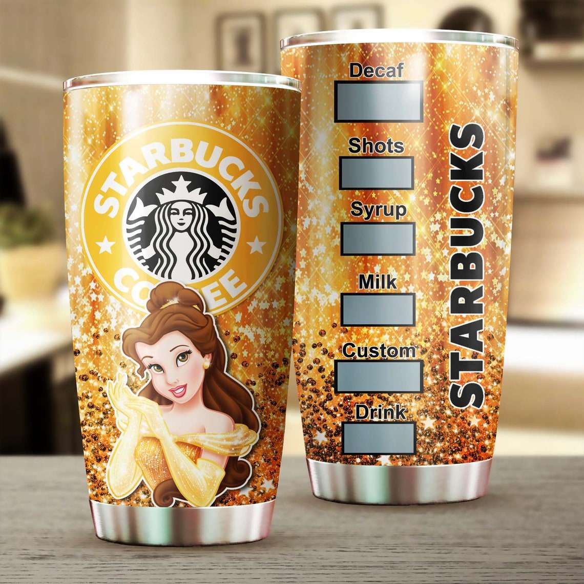Cartoon Movie Yellow Belle Starbucks Glitter Stainless Steel Tumbler For Disney Fan Zcpekk