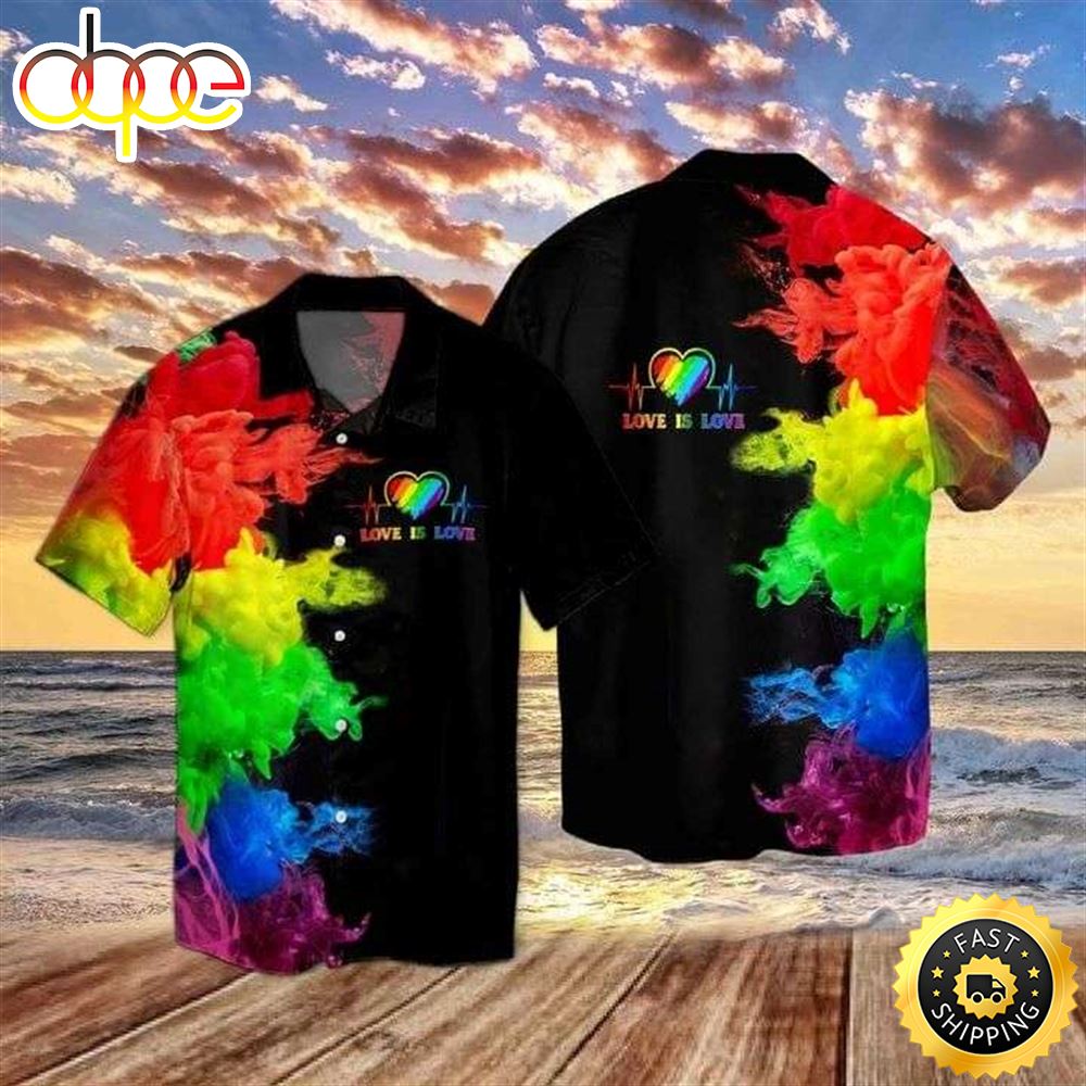 Heartbeat Love Is Love Rainbow Smoke LGBT Hawaiian Shirt Sazq3j