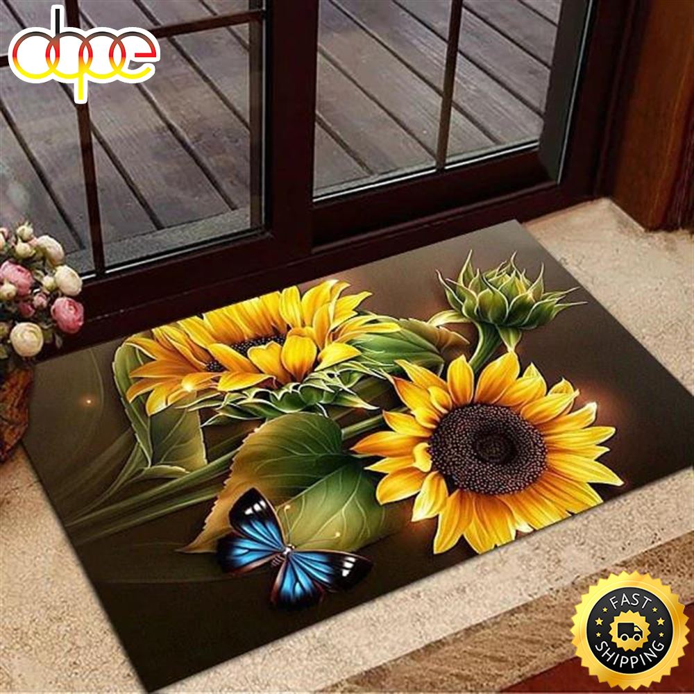 Hippie Beautiful Sunflower With Blue Butterfly Doormat Iv38fm