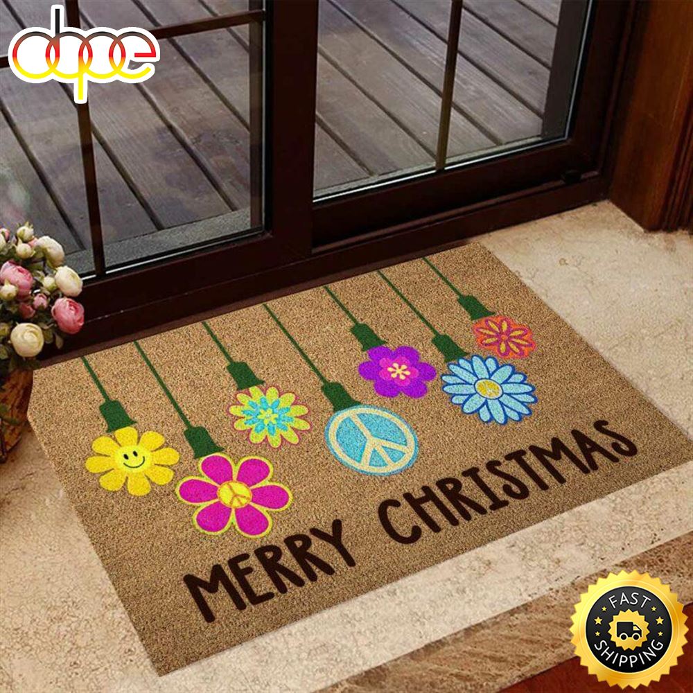 Merry Christmas Hippie Flowers Peace Sign Decoration Things Doormat 