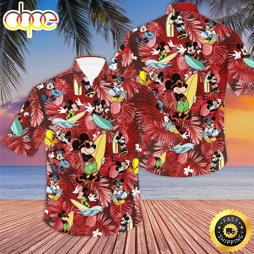Mickey Mouse Surfing Red Patterns Summer Tropical Disney Hawaiian Shirt Mpbdlp