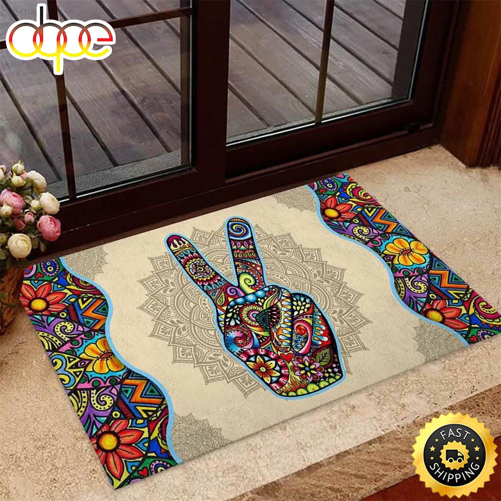 Peace Hand V Sign Hippie Flowers Mandala Design Doormat 
