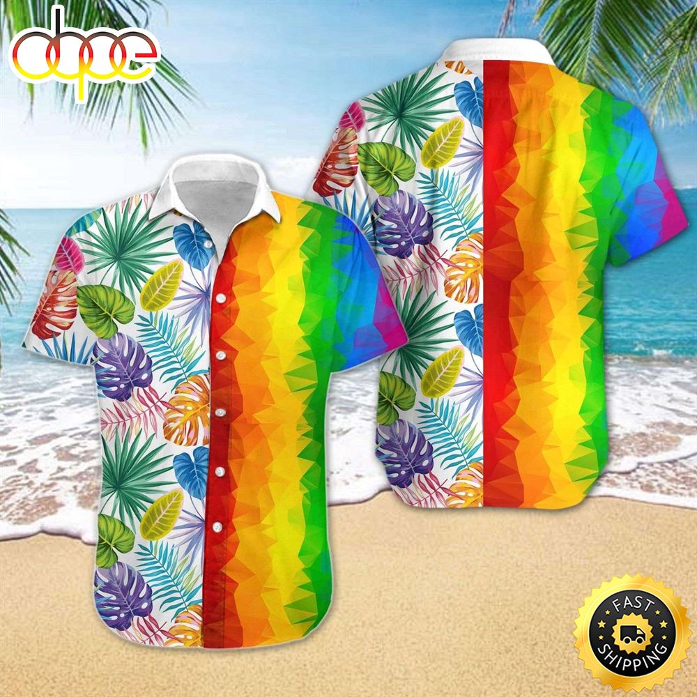 Polygonal Rainbow Tropical Leaves LGBT Hawaiian Shirt Y5ykay