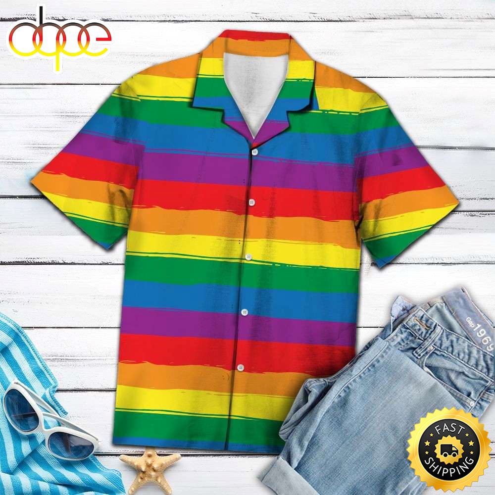 Rainbow Multicolor Striped Aloha LGBT Hawaiian Shirt 