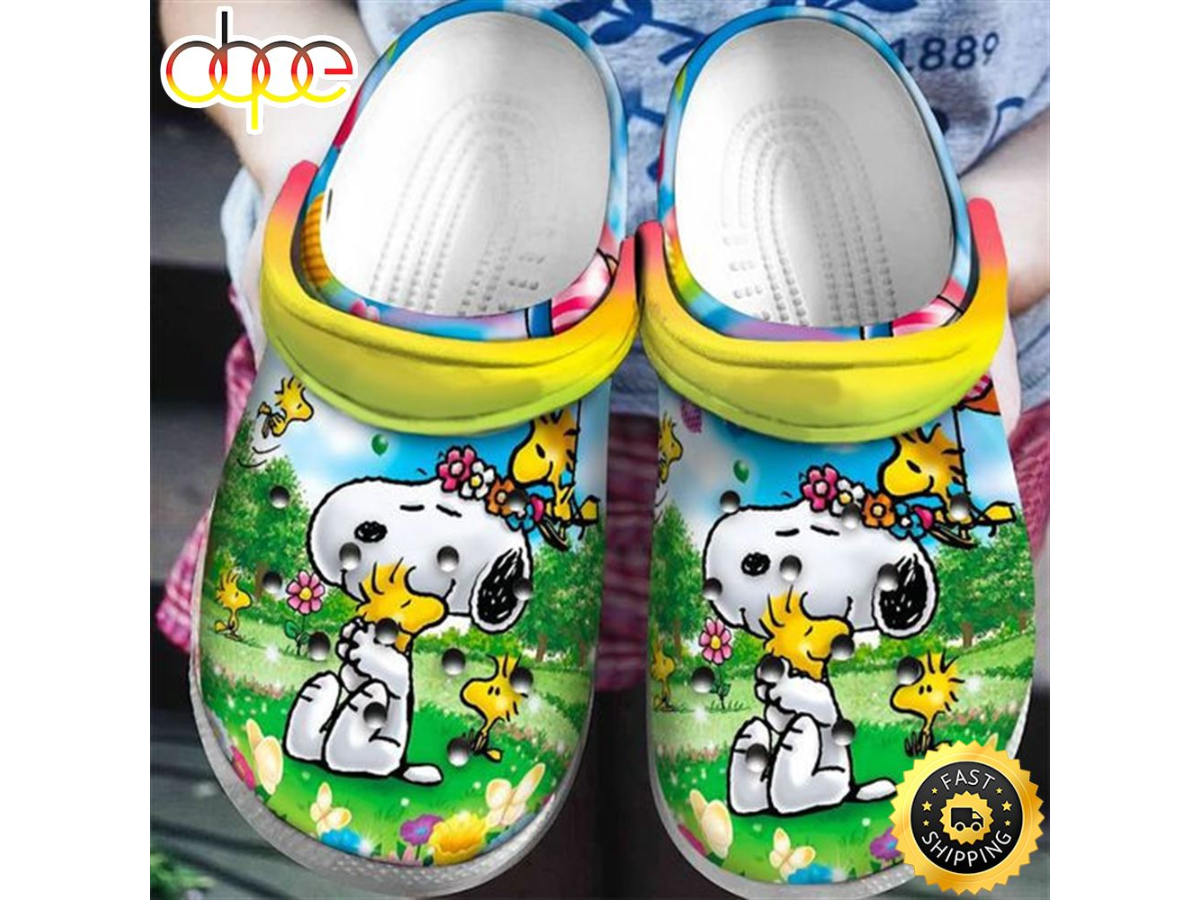Snoopy Flower Amp Grass Pattern Crocs Classic Clogs Shoes In Green Amp Yellow