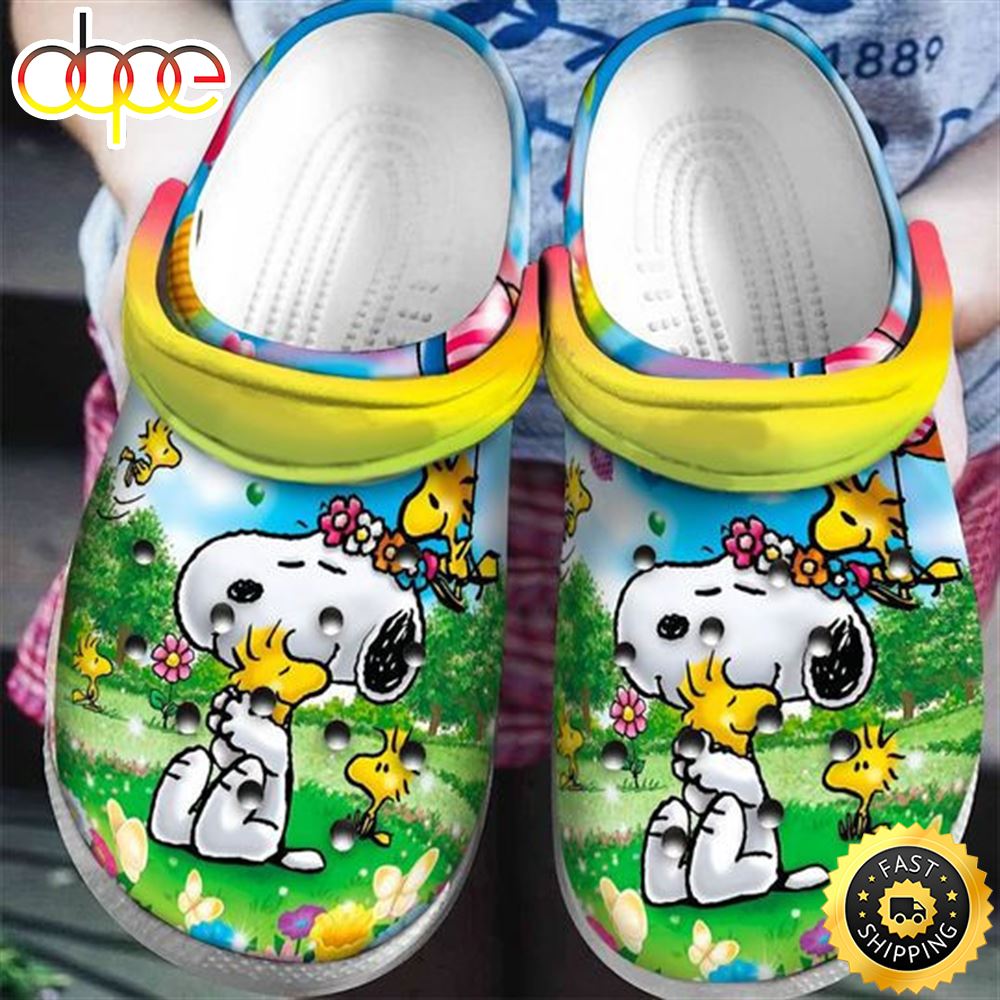 Snoopy Flower Amp Grass Pattern Crocs Classic Clogs Shoes In Green Amp Yellow Xxl2ed