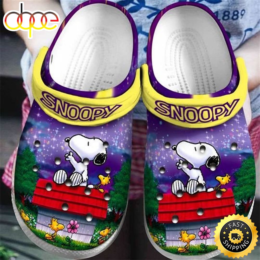 Snoopy Logo Flower Amp Leaf Pattern Crocs Classic Clogs Shoes In Purple Amp Yellow Tqgl6b