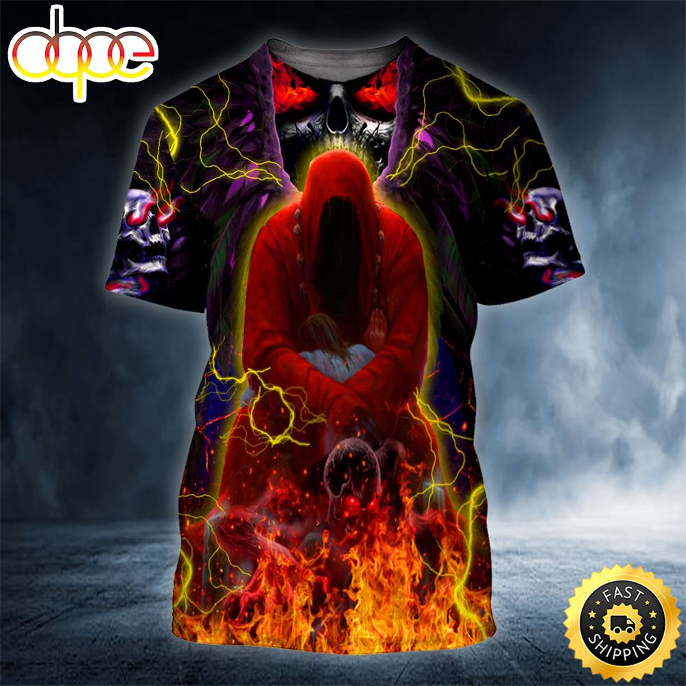 Hell Fire Reaper Skull Horror Skull 3D Shirt All Over Print T-shirt