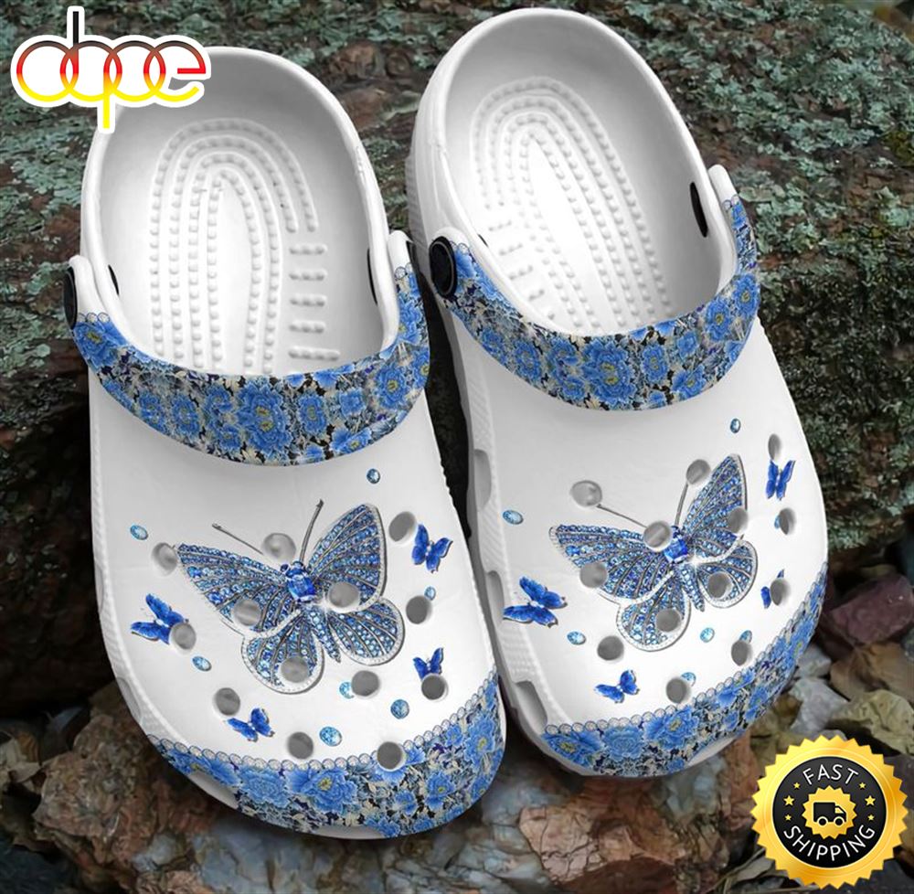 Blue Bling Butterfly Blue Flowers Croc Butterfly Lovers Daughter Mother  Girlfriend Crocs Clog Shoes –
