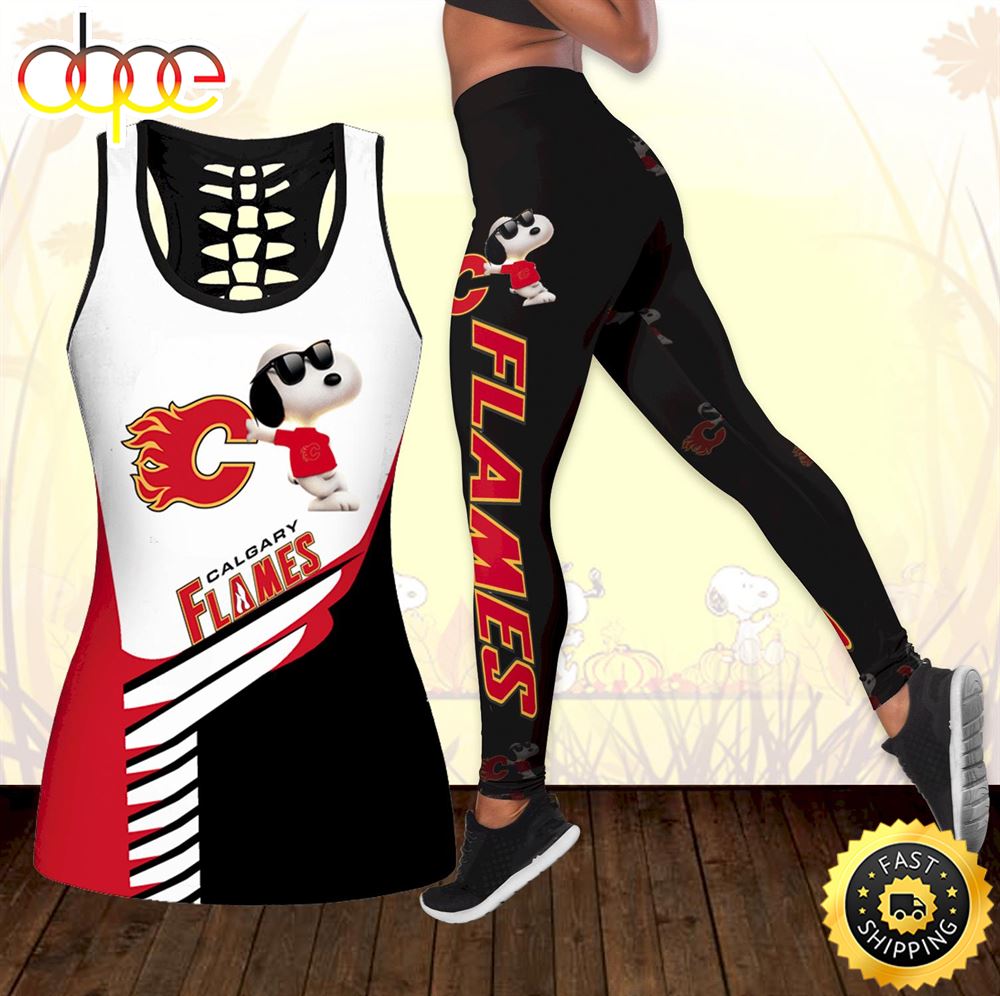 Calgary Flames Snoopy Combo Hollow Tanktop Leggings Set Outfit Ea4w3f