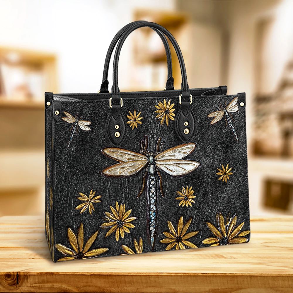 Dragonfly Sunflowers Black Leather Women Handbags Mother S Day Gifts For Mom 1 Dnstsa
