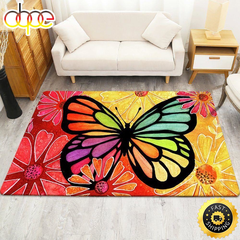 Hippie Butterfly And Flower Rectangle Carpet Rug Wubjai