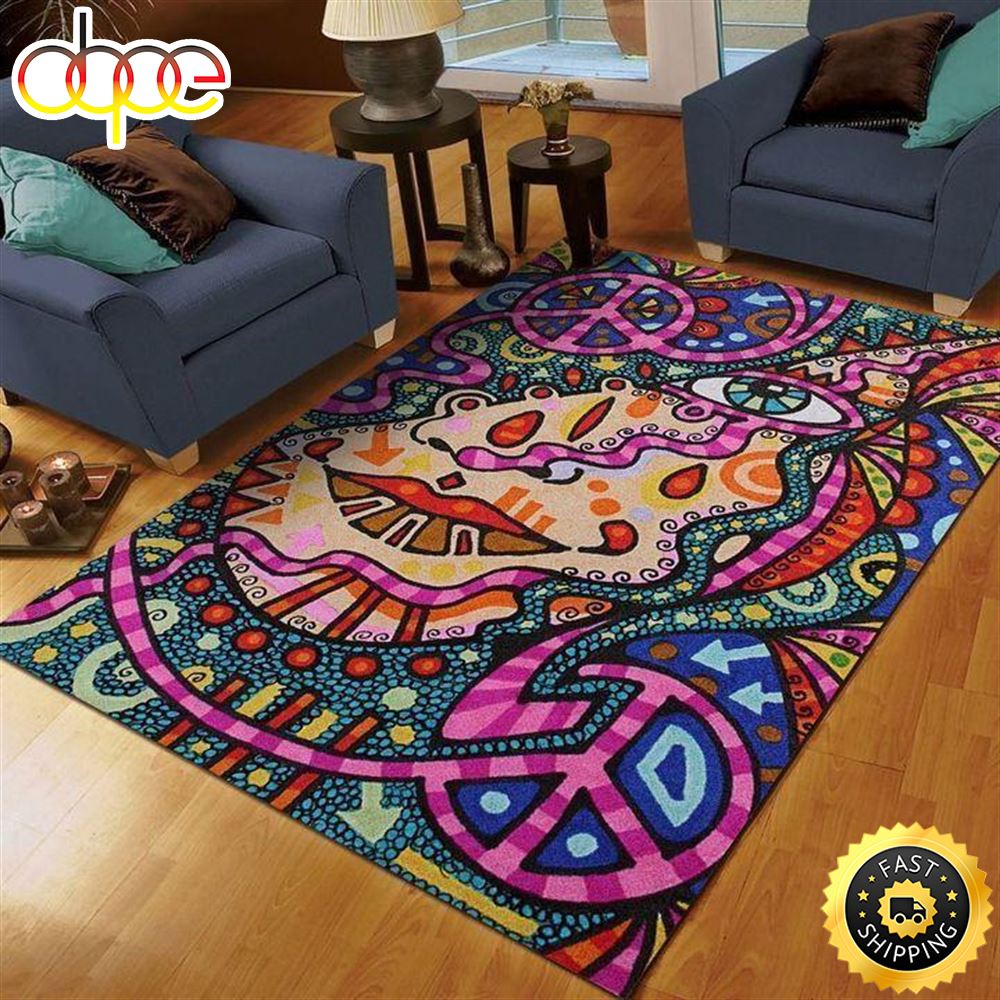 Hippie Love Peace Pink Rectangle Carpet Rug Bojykt