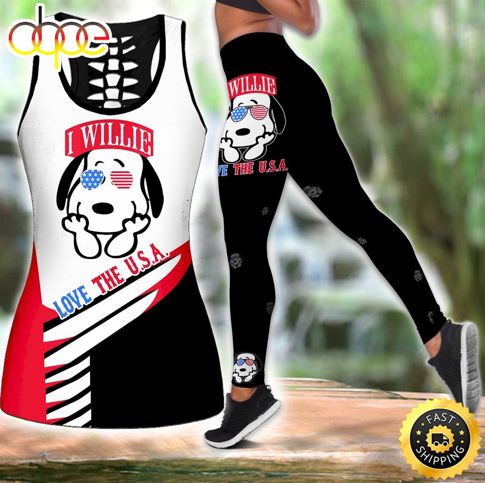 I Love The USA Snoopy Combo Hollow Tanktop Leggings Set Outfit C2ahib