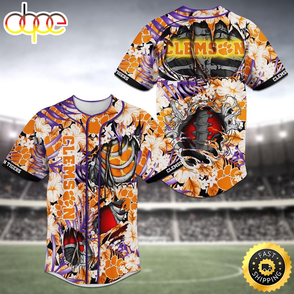Clemson Tigers Skeleton NFL Baseball Jersey Shirt I1h5x9