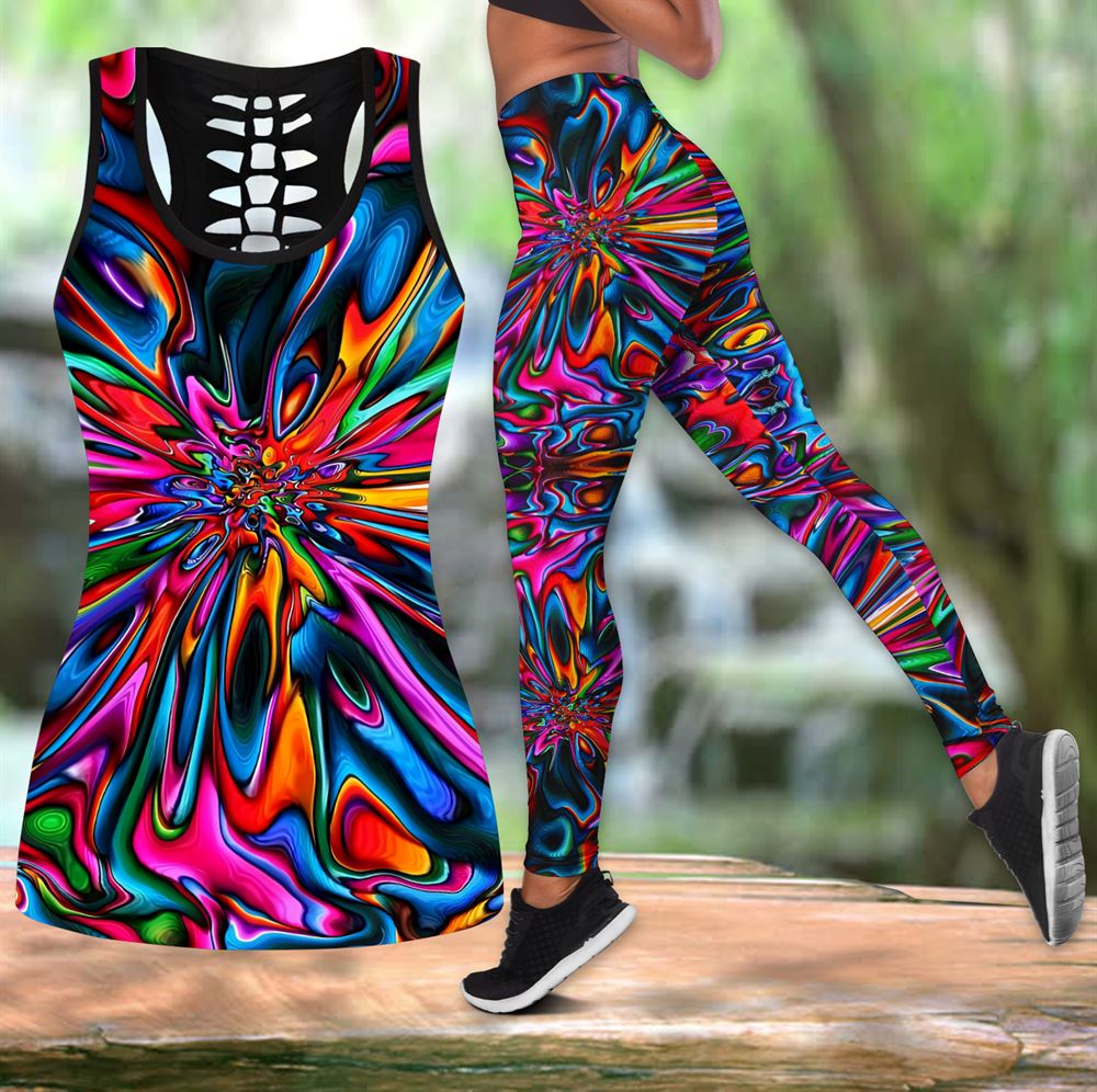 Psychedelic Hippie Colorful All Over Printed Womens Combo Hollow Tanktop  Leggings Set Outfit –