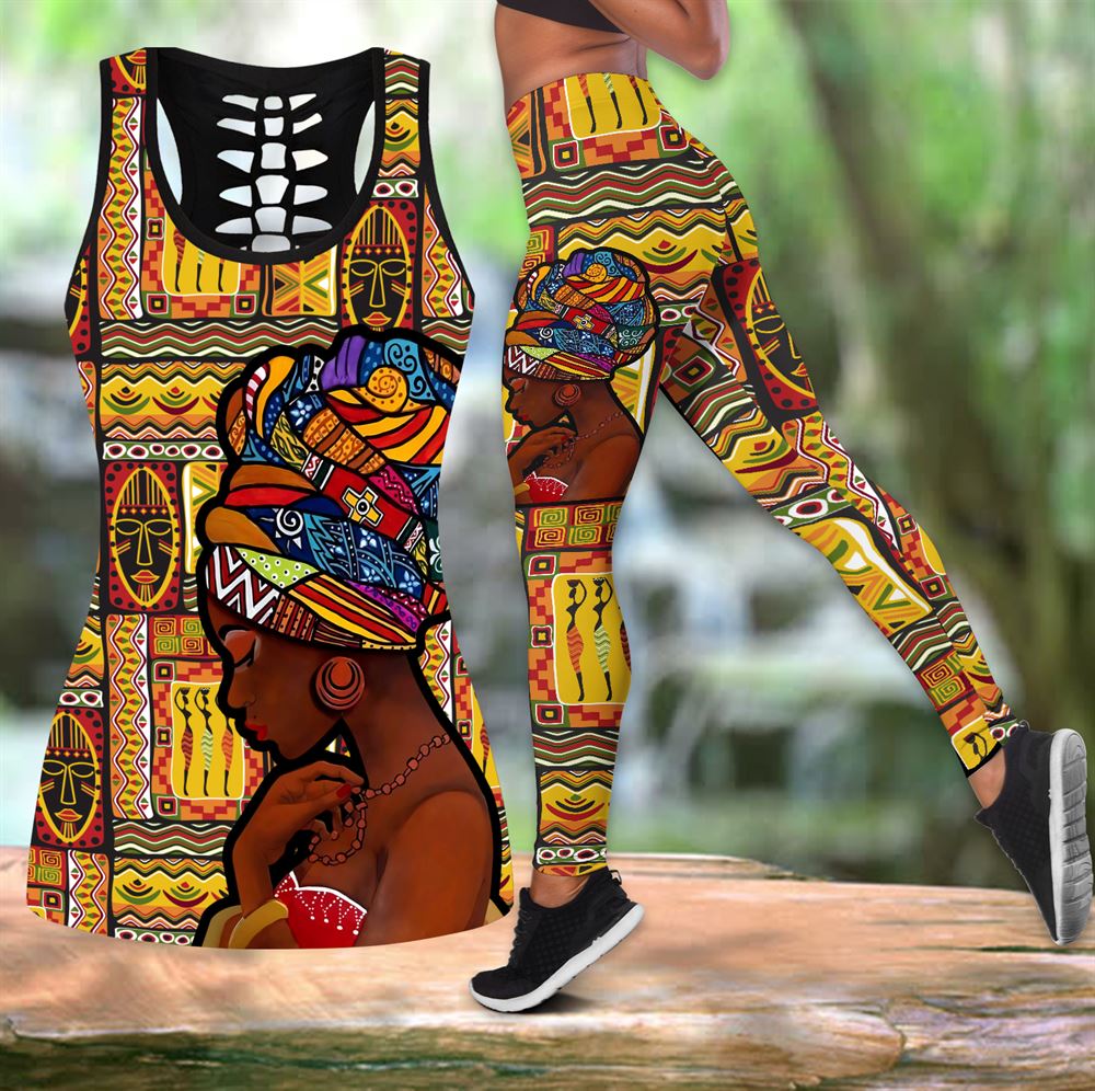 Hippie Africa Black Woman All Over Printed Womens Combo Hollow Tanktop Leggings  Set Outfit –