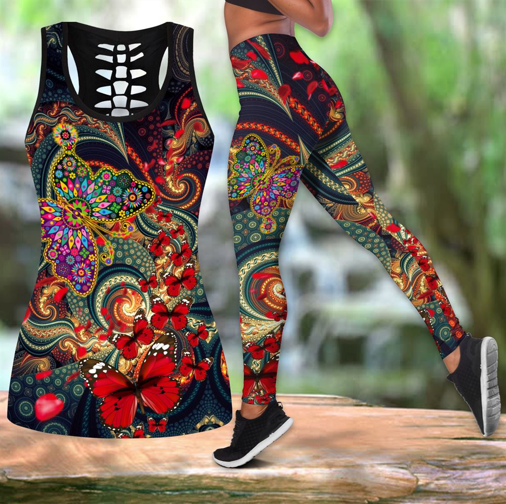 Hippie Butterfly Mandala Pattern All Over Printed Womens Combo Hollow  Tanktop Leggings Set Outfit –
