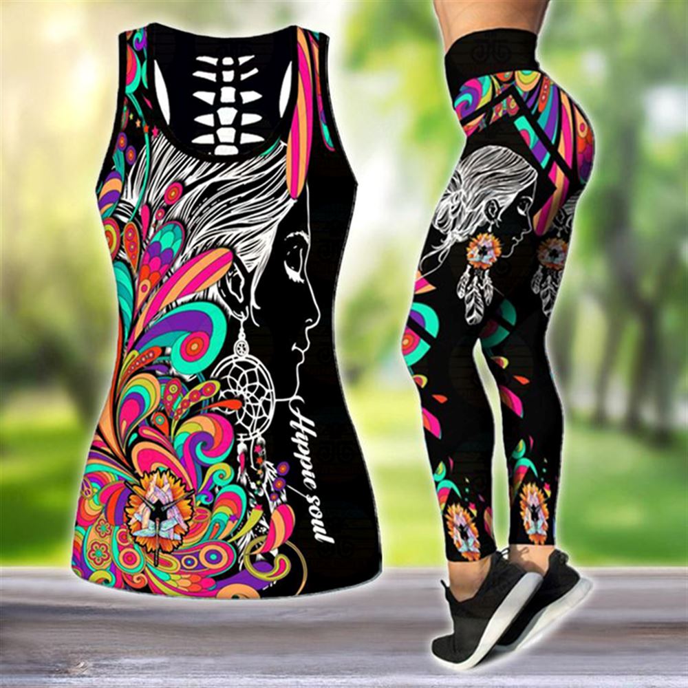 Psychedelic Color Hippie Combo Outfit Leggings and Hollow out Tank