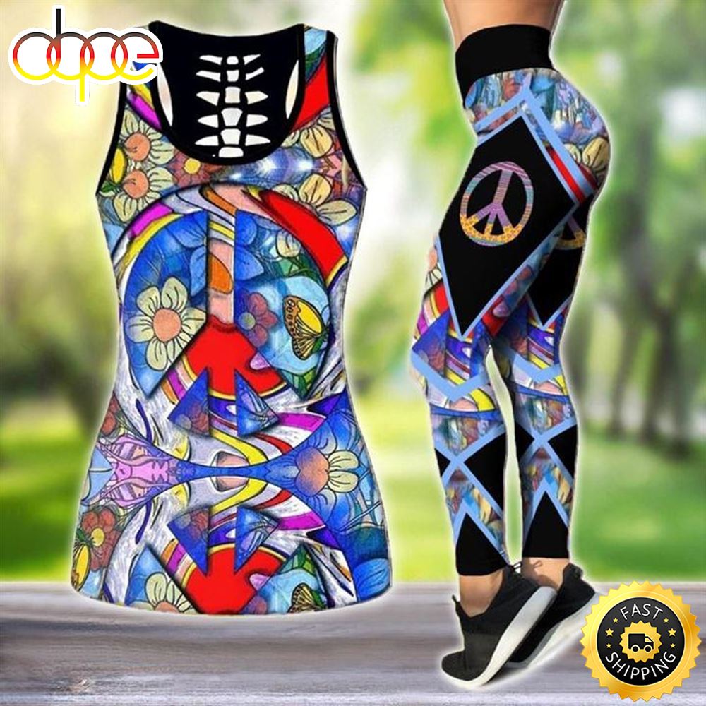 Hippie Pace Flower All Over Printed Women S Tanktop Leggings Set Perfect Workout Outfits Gifts For Hippie Life 1 M2d88n
