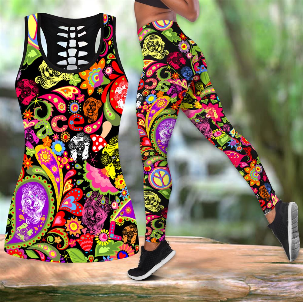 Hippie Peace Love Skull All Over Printed Women S Tanktop Leggings Set Perfect Workout Outfits Gifts For Hippie Life 1 L2zb4e