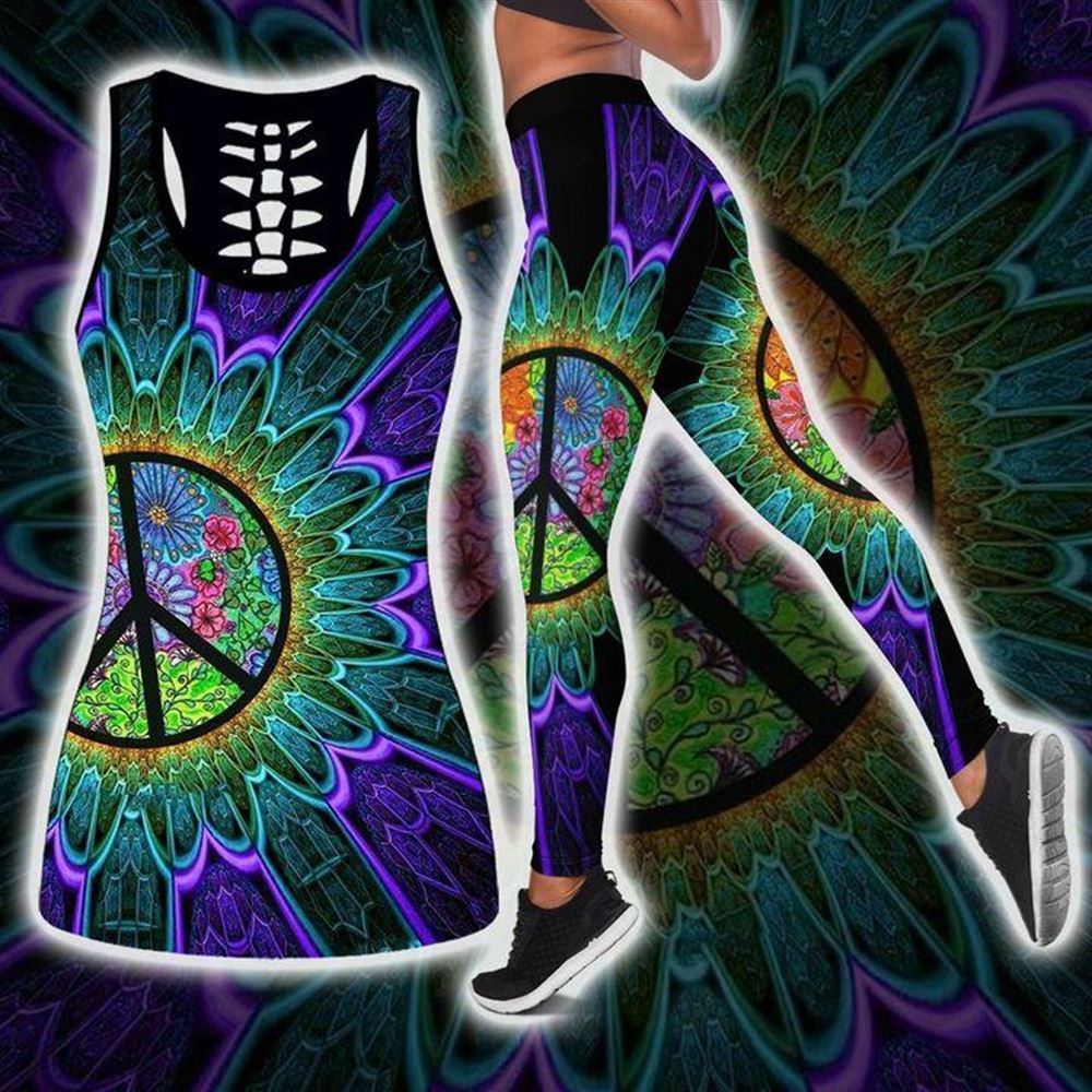 Hippie Peace With Abstract Mandala All Over Printed Womens Combo Hollow  Tanktop Leggings Set Outfit –