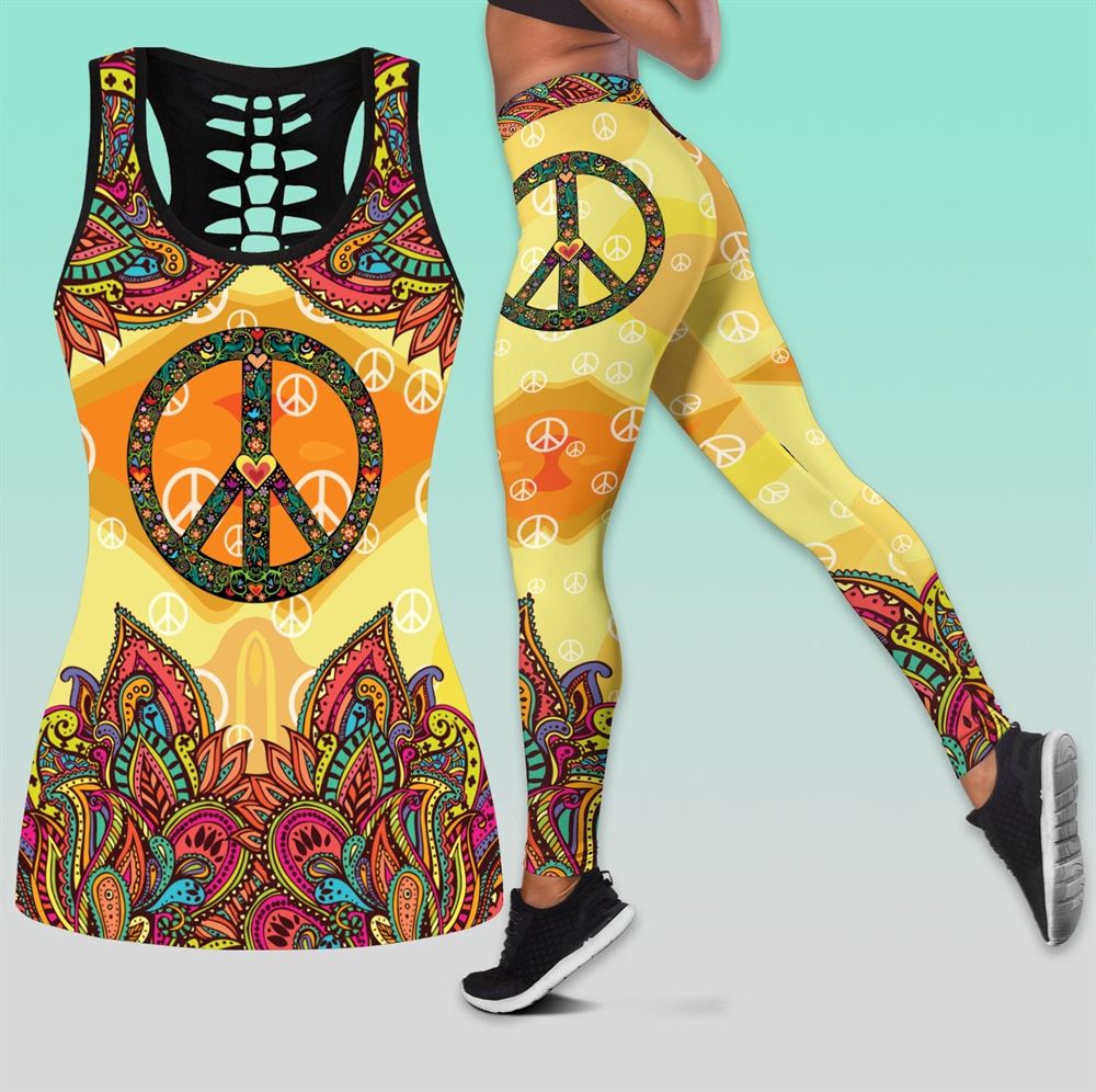Hippie Take A Trip All Over Printed Womens Combo Hollow Tanktop Leggings Set  Outfit –