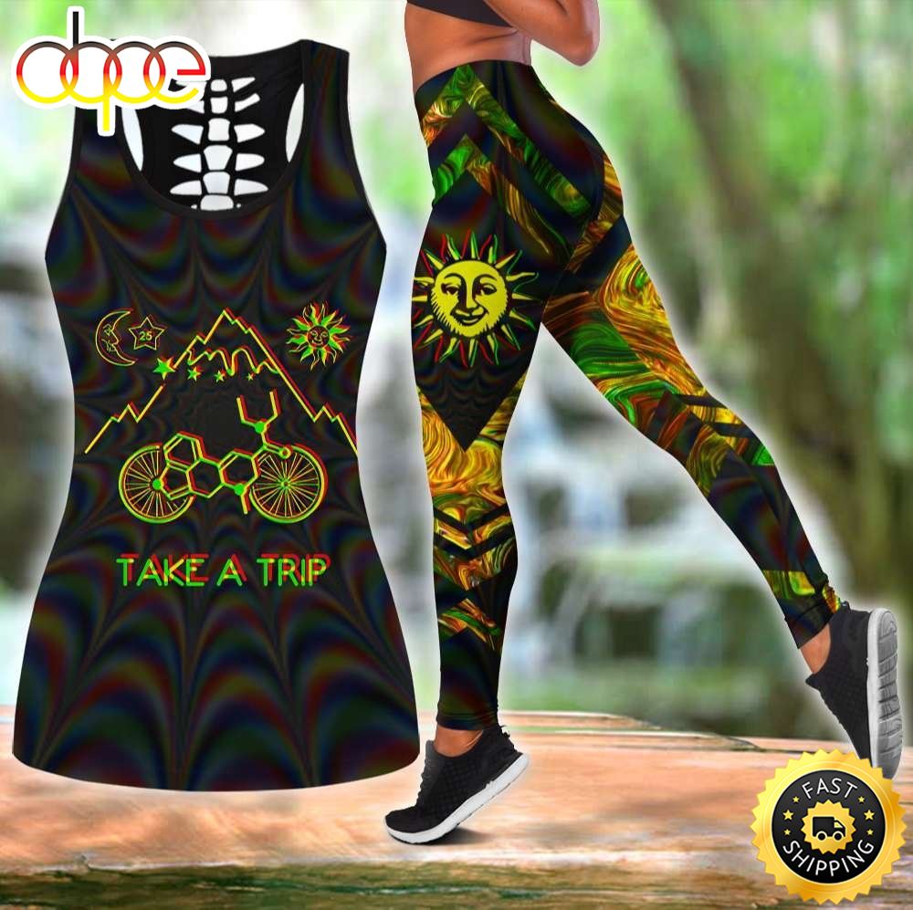 Hippie Take A Trip All Over Printed Womens Combo Hollow Tanktop Leggings Set  Outfit –