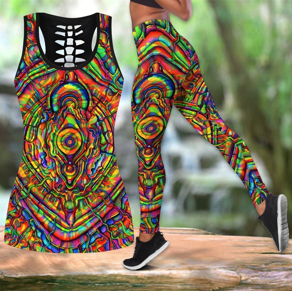 Psychedelic Hippie Colorful All Over Printed Combo Hollow Tanktop Leggings Set Outfit – Musicdope80s.com