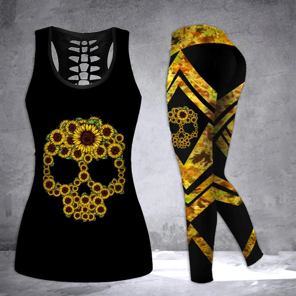Skull Sunflower Pattern All Over Printed Women S Tanktop Leggings Set Perfect Workout Outfits Gifts For Hippie Life 1 Axezyb