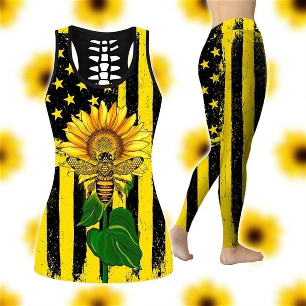 Sunflower With Bee And American Flag All Over Printed Women S Tanktop Leggings Set Perfect Workout Outfits Gifts For Hippie Life 1 Wqsmsp