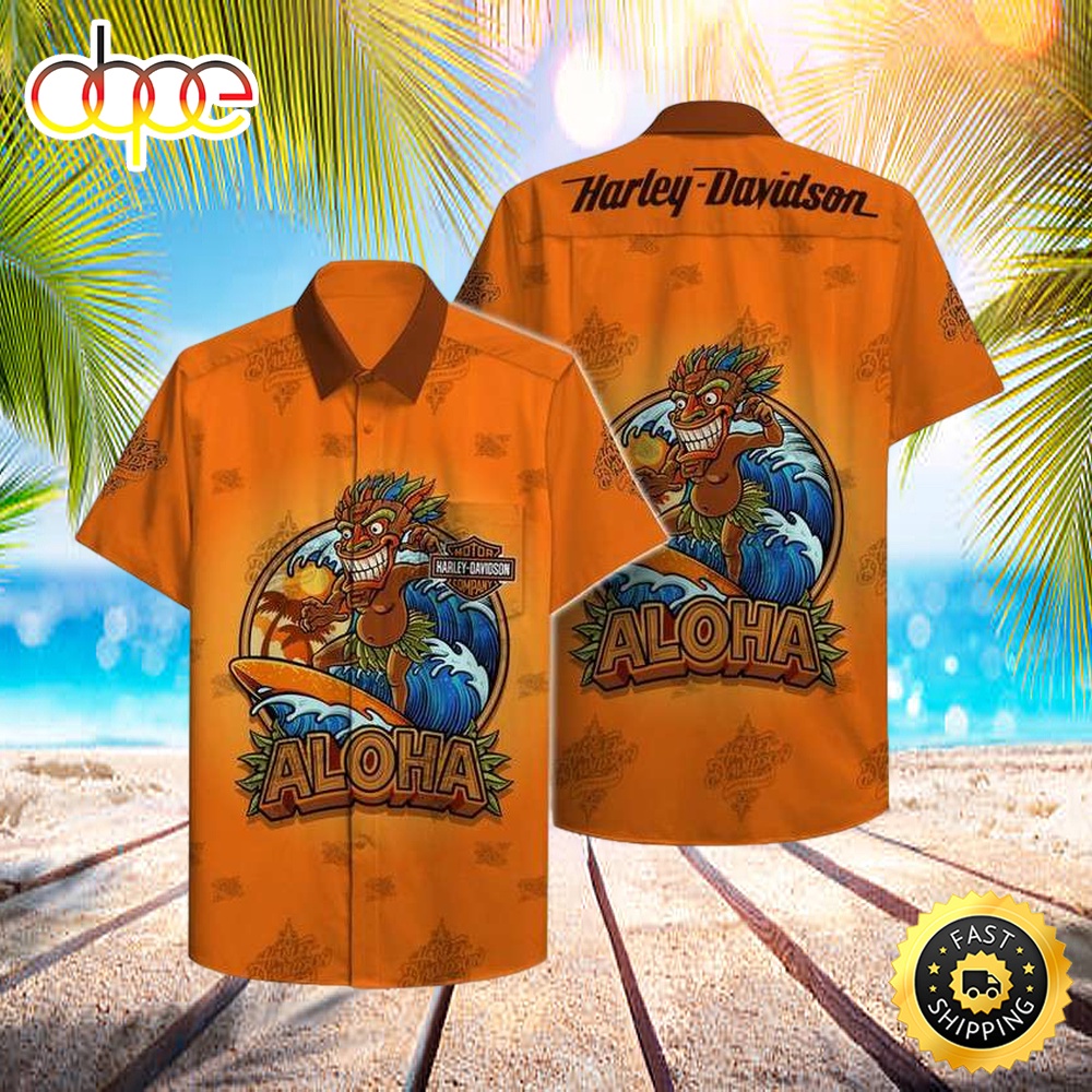 Aloha Tiki Surfing Hawaiian Shirt Harley Davidson Hawaiian Shirt Lonp71
