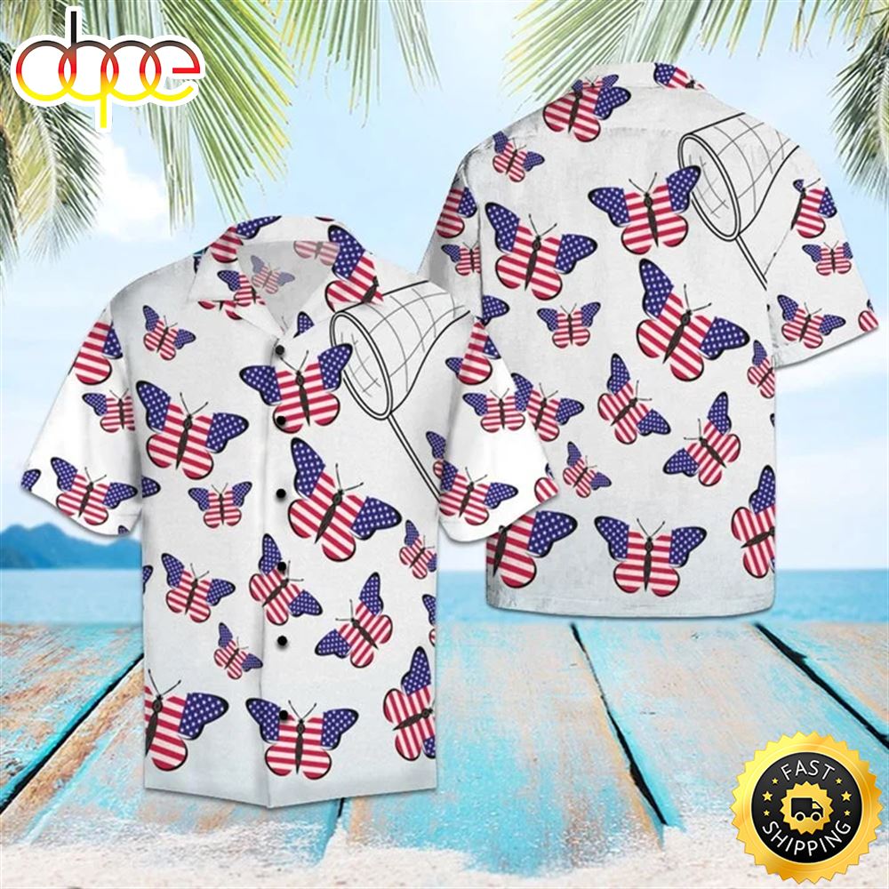Amazing Butterflies With American Flag Hawaiian Shirt Short Sleeve Hawaiian Aloha Shirt For Men Qbbhap