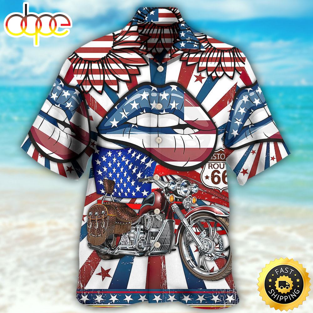 America Patriotic Motorcycle Sexy Lips Independence Day Hawaiian Shirt 1 Rzcqj5