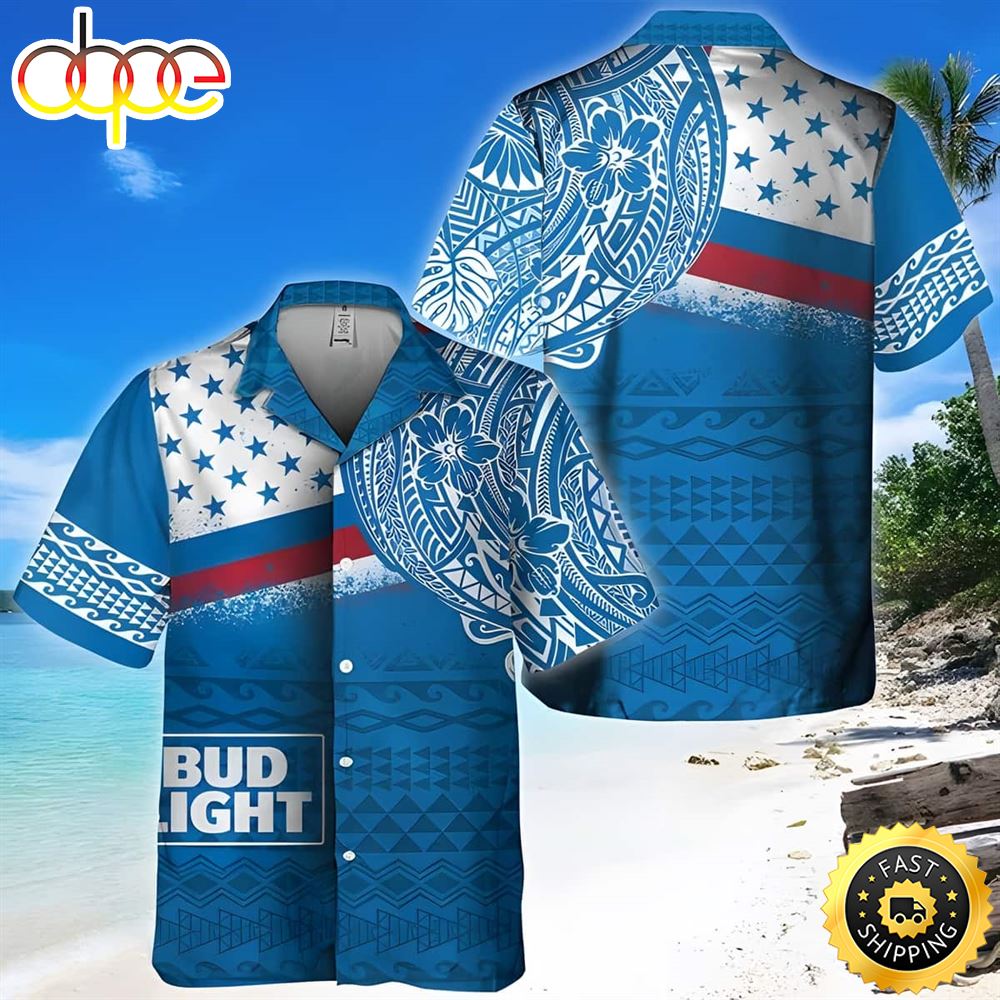 Blue Bud Light Hawaiian Shirt Polynesian Pattern Drtfu1