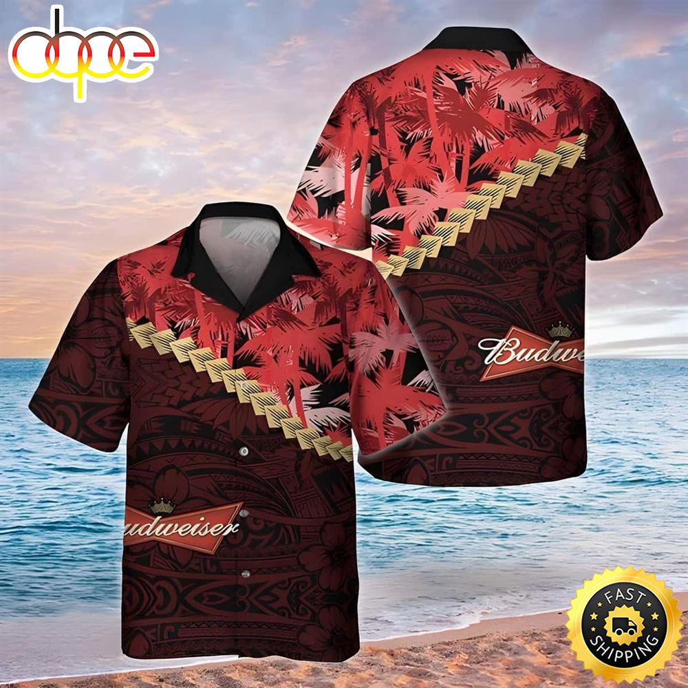 Budweiser Hawaiian Shirt Palm Tree Blend Polynesian Pattern Fnwp0l