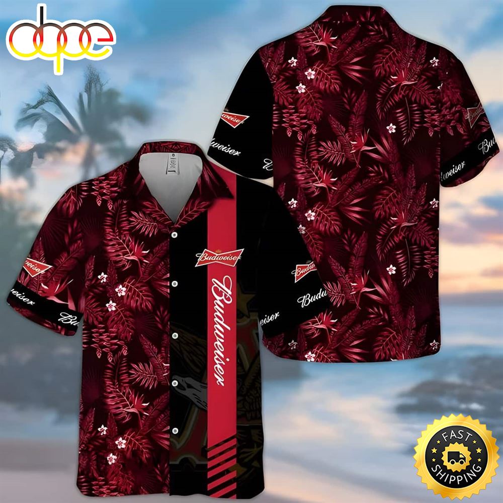 Budweiser Hawaiian Shirt Red Tropical Foliage On Dark Theme Ts6c3x