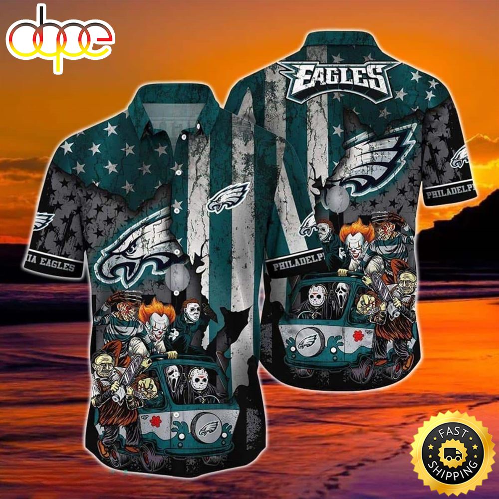 Horror Halloween Characters NFL Philadelphia Eagles Hawaiian Shirt Vahrxl