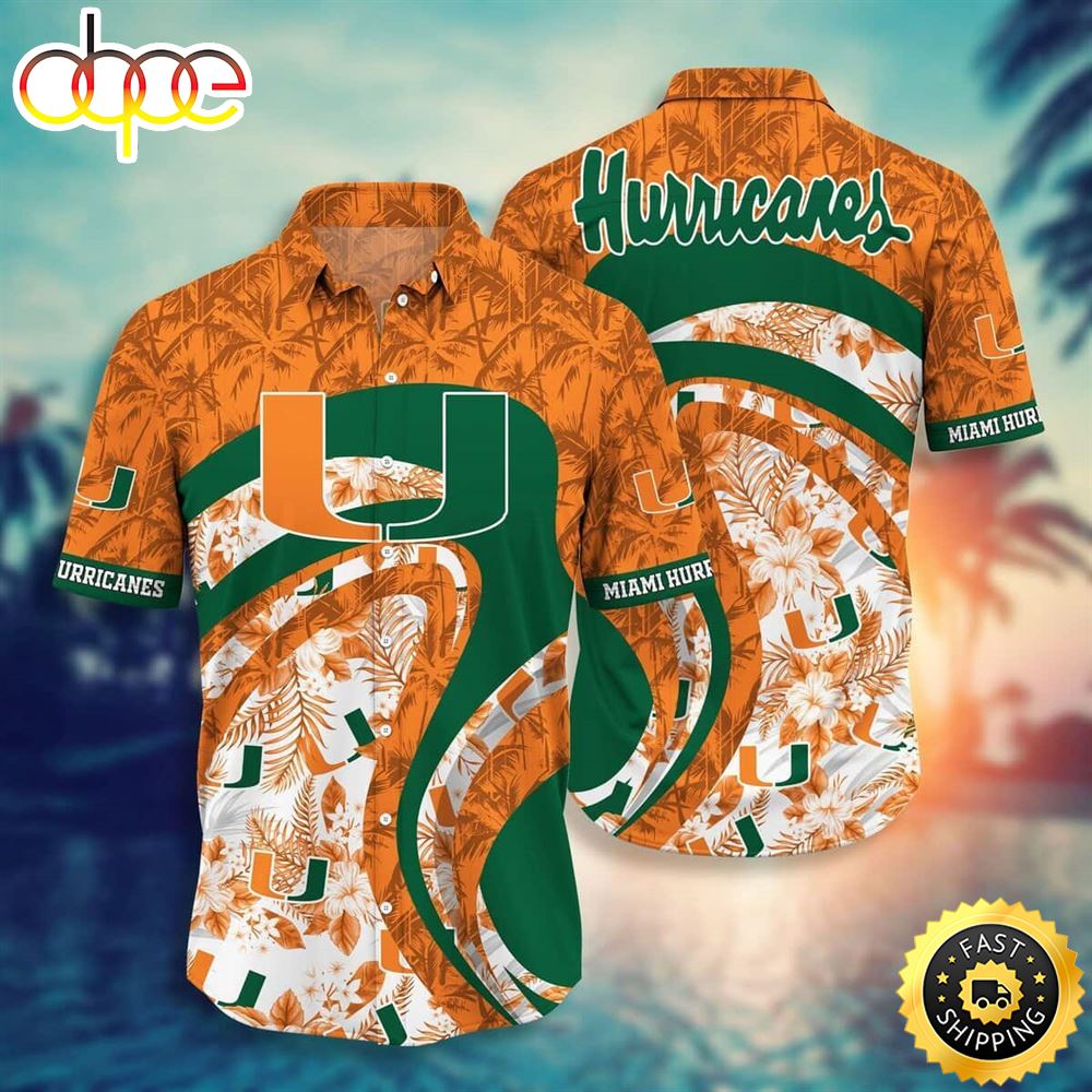 Miami Hurricanes Hawaiian Shirt Tropical Flower Pattern Beach Vacation Gift Ntwzql