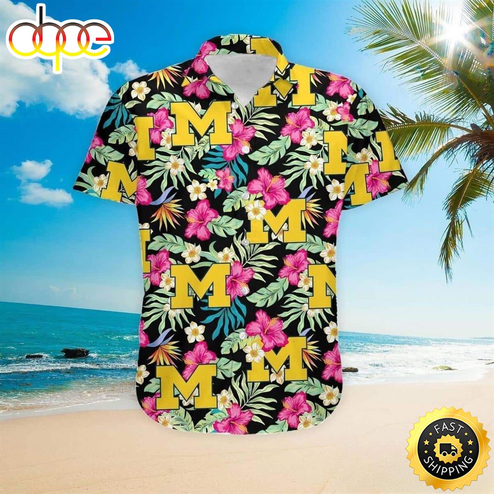 Michigan Wolverines Hawaiian Shirt Hibiscus Pattern Beach Vacation Gift Op5nrl
