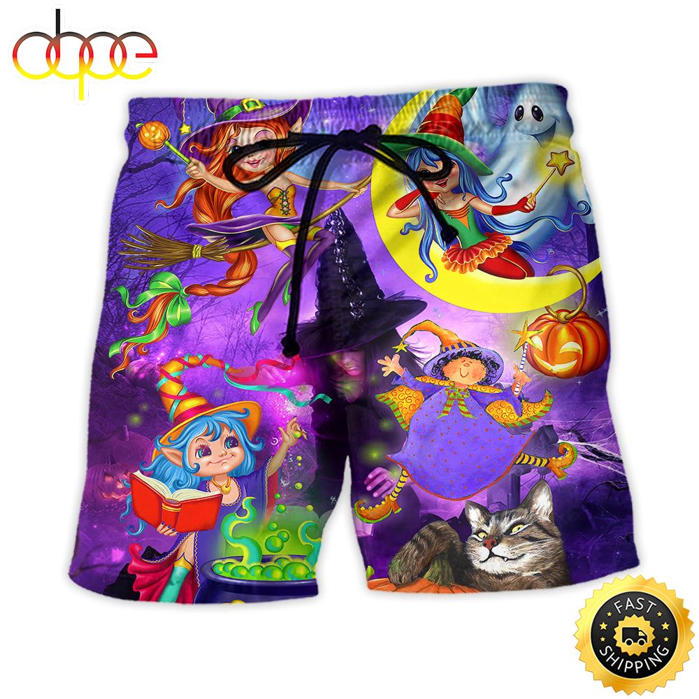 Halloween Funny Witch Ghost Cute Boo In The Magic Forest Art Style Beach Short Lqam6j