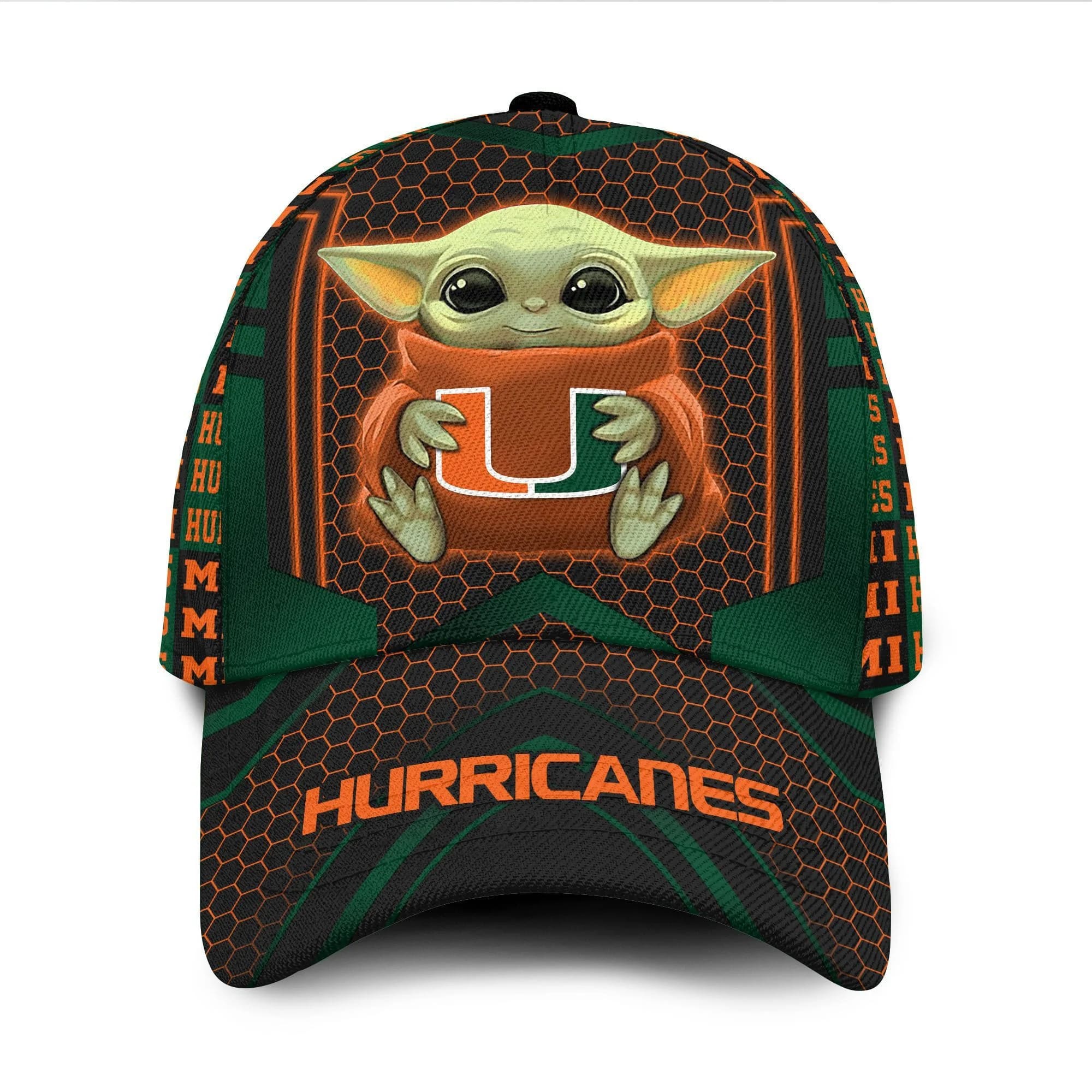 Miami Hurricanes Baby Yoda All Over Print 3D Baseball Cap P7pcz2
