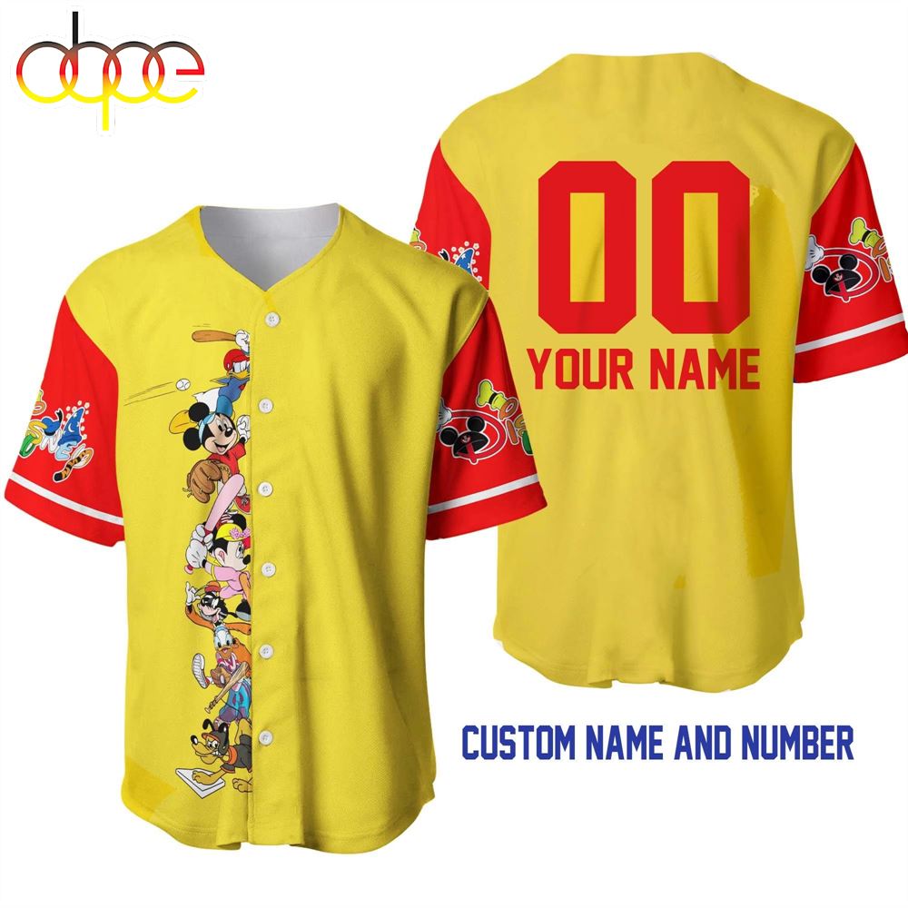 Mickey Minnie Friends Yellow Red Custom Name And Number Baseball Jersey Kd25ph