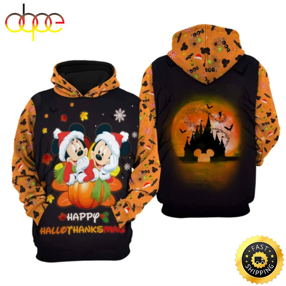 Mickey Minnie Happy Hallothankmas Halloween Thanksgiving 3D Hoodie K1cycu