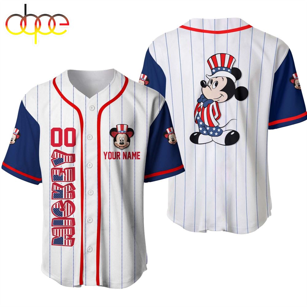 Mickey Mouse July 4th US American Flag Red White Blue Custom Name And Number Baseball Jersey Lfjsqr