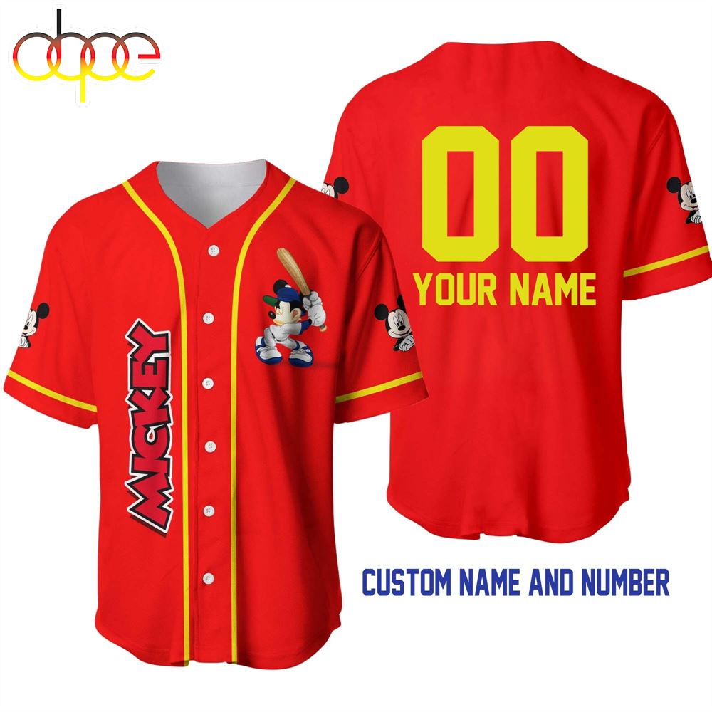Mickey Mouse Red Yellow Custom Name And Number Baseball Jersey Gdi2ch