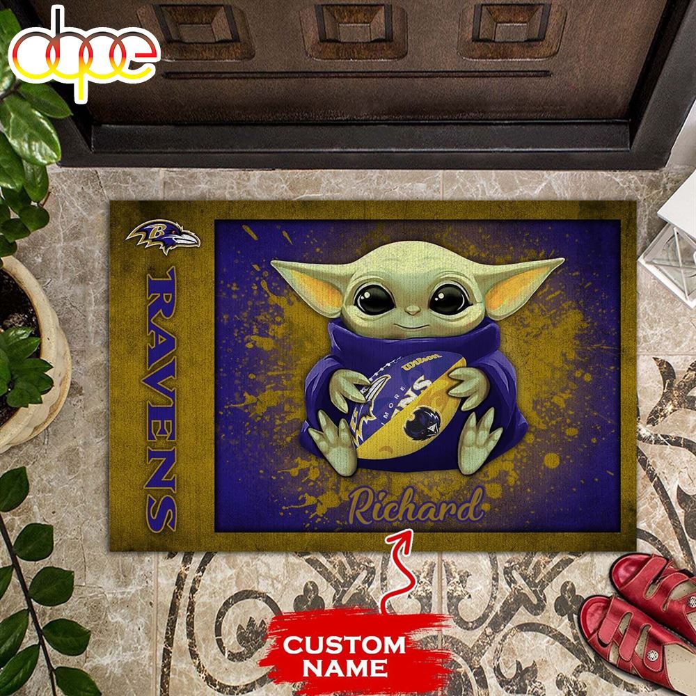Personalized Baltimore Ravens Baby Yoda All Over Print 3D Doormats Leubls