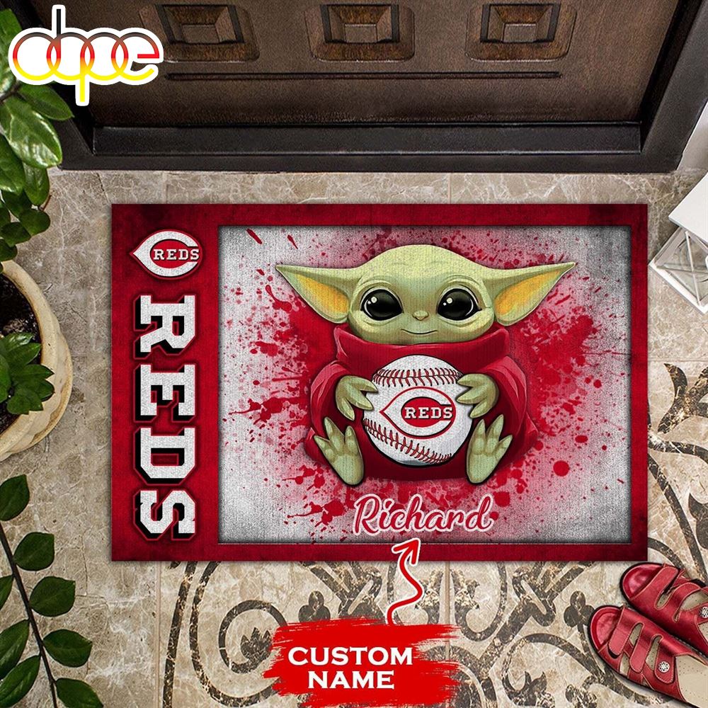 Personalized Cincinnati Reds Baby Yoda All Over Print 3D Doormats Hwqi4i